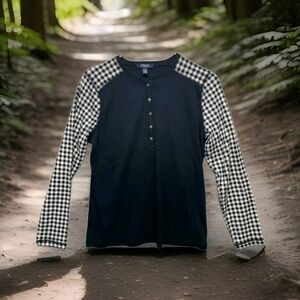 Chaps Denim Black White Cotton Plaid Long Sleeve Knit Shirt Henley Top XL